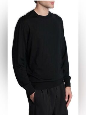 Zegna Sports Men's Black Long-Sleeve Crewneck Shirt with White Contrast Hem